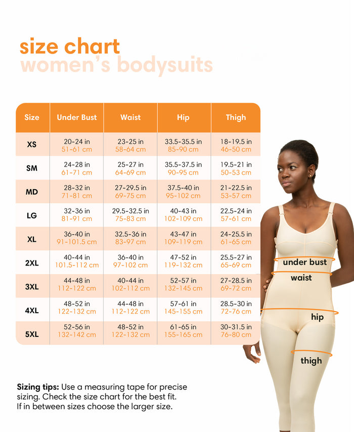 Size chart for women's bodysuits with measurements and a model wearing the bodysuit.