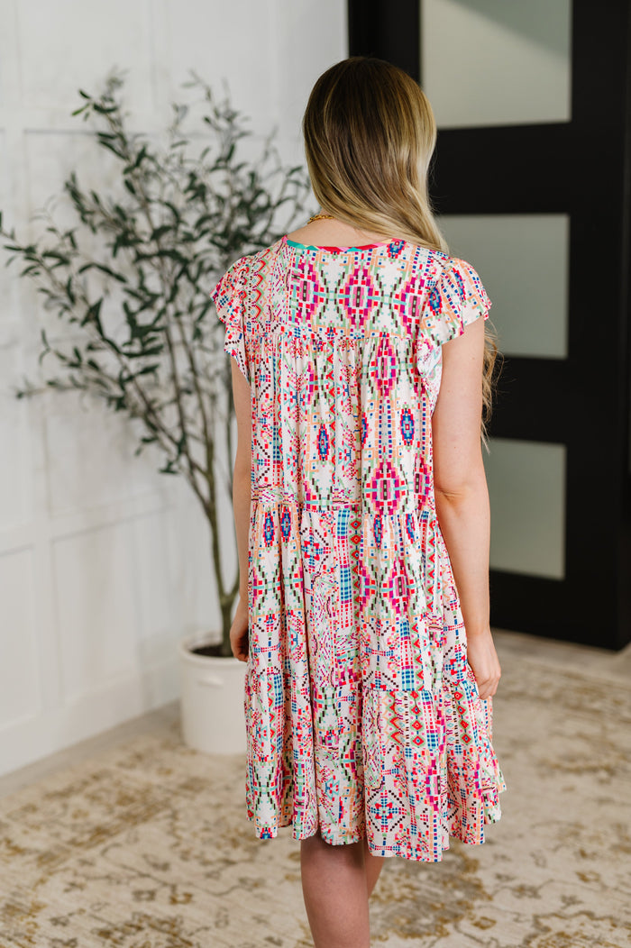 Boho and Behold Flutter Sleeve Dress in Blush/Fuchsia/Mint Womens Ave Shops- Tilden Co.